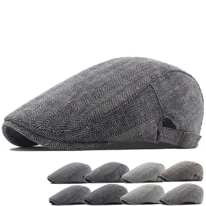 Vintage Herringbone Newsboy Cap Pure Cotton Adjustable Metal Buckle Retro Flat Cap For Men Autumn Winter Warm