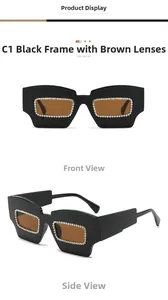 Macro detail of irregular square sunglasses with rhinestones and thick geometric temples