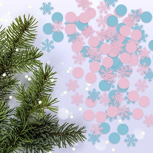 Pink and blue snowflake confetti with round glitters on purple holiday background