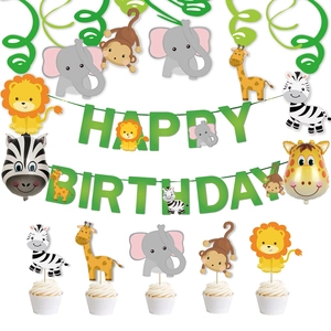 Kit d'anniversaire animaux de la jungle avec bannière verte, spirales et ballons