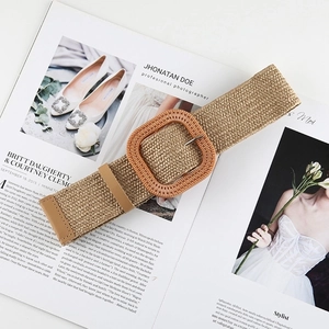 Straw woven belt with square buckle for dresses in a bohemian minimalist style