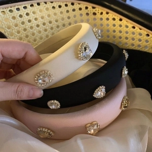 Pink, white and black padded headbands with sparkling heart rhinestones and soft satin finish