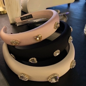 Three-piece set of satin sponge headbands with heart-shaped rhinestones and handmade labels