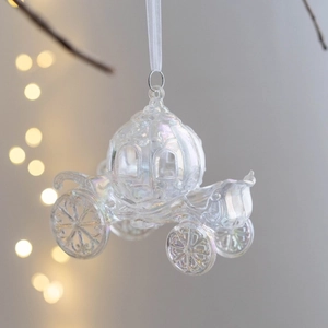 Iridescent pumpkin carriage hanging ornament for Christmas tree decor with white ribbon