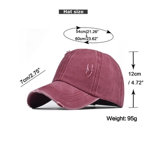Size specifications of washed distressed ponytail baseball cap in burgundy red finish