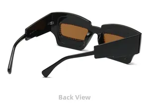 Rear view of thick black irregular sunglasses showing temple text and amber lenses