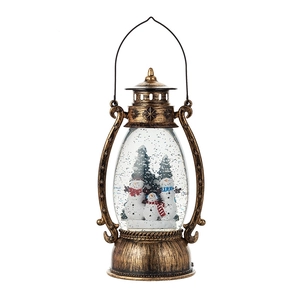Retro bronze Christmas lantern snow globe with snowmen and swirling glitter