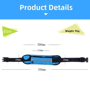Detailed size specifications for blue waterproof running waist pack showing dimensions