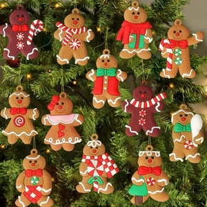 Set of 11 classic gingerbread man Christmas tree ornaments with festive holiday decorations