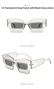Macro detail of irregular square sunglasses with crystal rhinestones and grey transparent frames