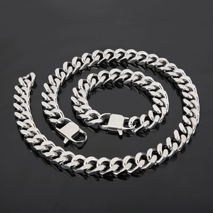 Polished silver stainless steel Cuban link chain necklace and bracelet jewelry set