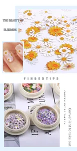 Makroaufnahme von buntem Blumen-Nageldesign-Dekor aus Zellstoff in einer runden Box