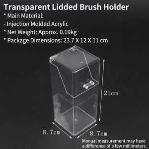 Detailed view of clear acrylic makeup brush organizer with dustproof lid and dimensions