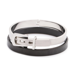 Men's stainless steel Roman numeral and belt buckle textured bracelet set on white background