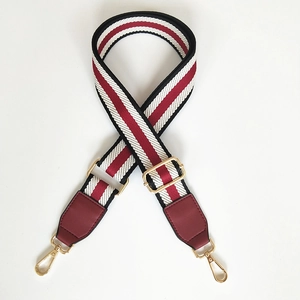 Detail of adjustable red striped woven bag strap with red leather ends and gold metal buckles