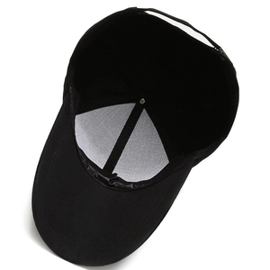 Interior view of adjustable black baseball cap showing white front reinforcement structure