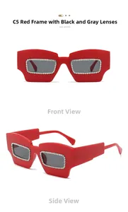 Detailed view of red square sunglasses with double rows of sparkling rhinestones