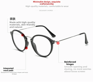 Detalle de gafas retro redondas con bisagras reforzadas y almohadillas integradas