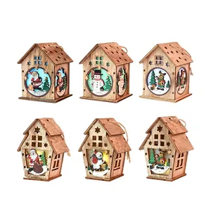 Set of 6 glowing wooden Christmas house pendants with festive Santa and reindeer designs