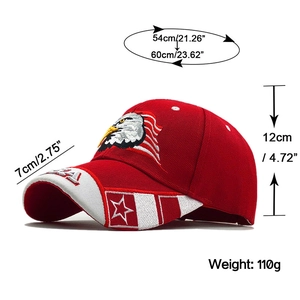 Detailed size guide of red baseball cap with eagle embroidery and measurement specs