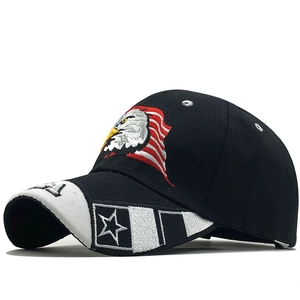 Black baseball cap with American eagle and USA flag embroidery at a 45-degree angle