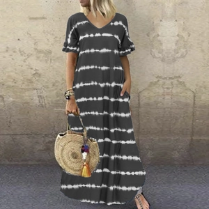 Detail of V-neck maxi dress with tie-dye print, flutter sleeves and side pockets