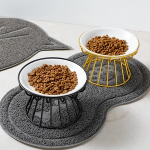 Nordic elevated ceramic cat bowl with metal stand and silicone mat for neck protection