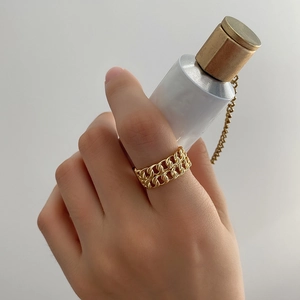 Minimalist double layered Cuban link chain ring for women in polished golden finish
