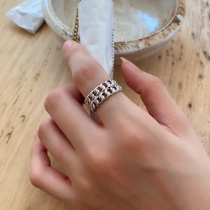 Detail of minimalist 925 sterling silver double chain ring worn on index finger