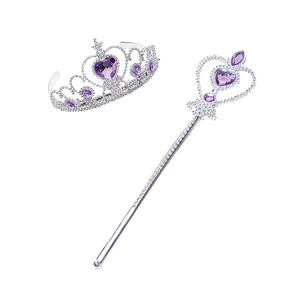 Silver kids princess tiara and magic wand set with purple heart gems on white background