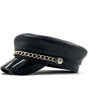 Women PU Leather Newsboy Cap Fashionable Octagonal Military Hat With Gold Metal Chain And Patent Leather Brim
