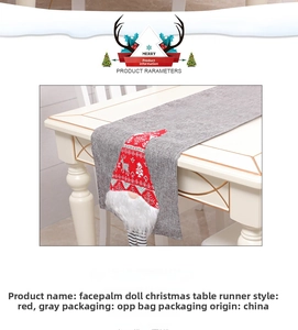 Detail of Christmas table runner with grey linen texture and Nordic gnome design