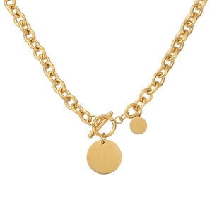 Detail of gold chunky link necklace featuring round pendants and a classic toggle clasp
