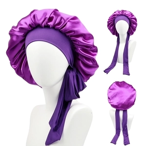 Purple satin silk sleep bonnet with wide elastic headband and long adjustable straps