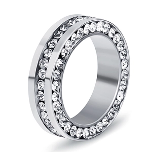 Eternity band ring in silver stainless steel with triple row pavé set white crystals