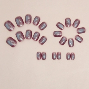Smoky grey and purple starry sky gradient fake nails with cat-eye glitter finish