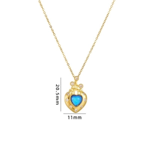 Gold-tone heart castle necklace with blue stone inlay and dimensions 20.5mm by 11mm