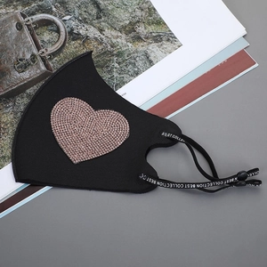 Breathable black ice silk sun protection mask featuring a sparkling rhinestone heart pattern