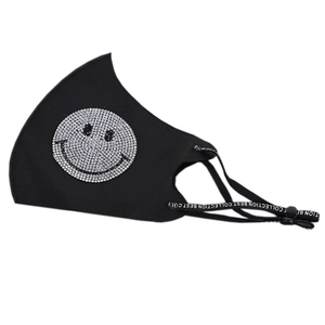 Black ice silk mask with rhinestone smiley face pattern and adjustable ear loops