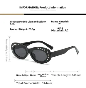 Detailed technical specifications and dimensions of oval rhinestone hip-hop sunglasses