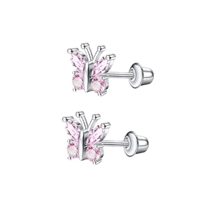 Silver butterfly earrings with pink zircon stones and secure screw-back studs