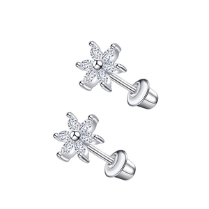 Detailed view of silver flower stud earrings with marquise zircon and screw backs