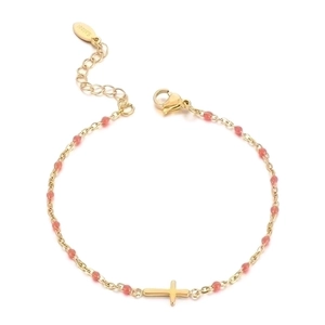 Gold stainless steel cross bracelet with pink resin beads and adjustable lobster clasp