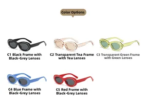 Multiple color options for oval rhinestone sunglasses including black, tea, green, blue, and red