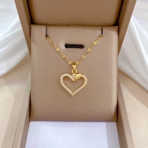 Elegant Gold Plated Heart Pendant Necklace Stainless Steel Chain Copper Micro Pave Zircon Luxury Wedding Jewelry For Women