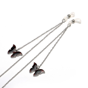 Silver eyewear chain with color-changing butterfly charms and anti-slip silicone loops