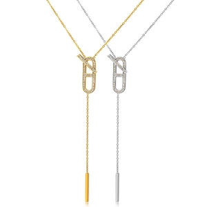 Stainless Steel Y Lariat Necklace For Women Gold Silver Plated Geometric H Pendant Zirconia Inlaid Adjustable Long Jewelry Necklace