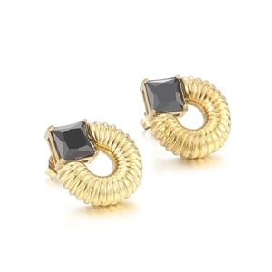 French vintage gold spiraled earrings with square black gemstone inlay for women