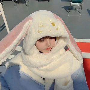 White and pink plush rabbit ear hooded scarf with integrated warm gloves for winter