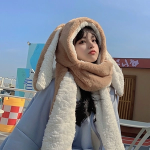 Cute brown and white plush rabbit ear hat with integrated scarf and mittens set